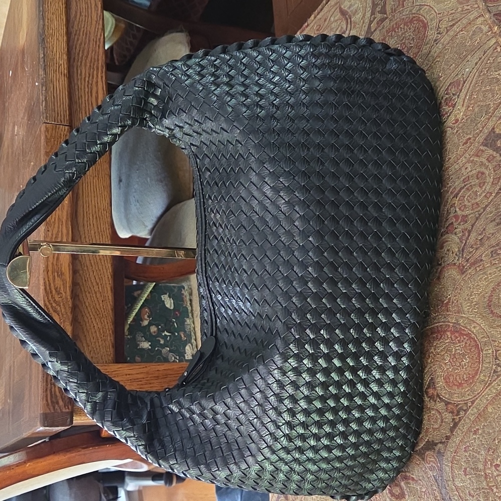 Black Woven Vegan Leather Oversized Shoulder Bag NWOT